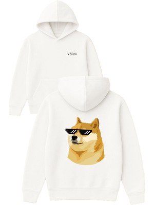 Vsrn Havalı Köpek Tasarım Baskılı Oversize Beyaz Kapüşonlu Sweatshirt