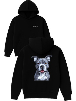 Vsrn Gri Tatlı Köpek Tasarım Baskılı Oversize Siyah Kapüşonlu Sweatshirt