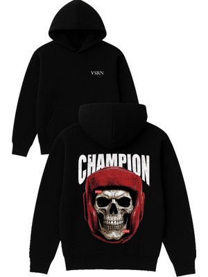 Vsrn Champıon Tasarım Baskılı Oversize Siyah Kapüşonlu Sweatshirt