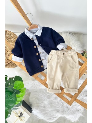 Miniğimin Cicileri Şık Triko Hırkalı Desenli Gömlek Pantolon Erkek Bebek 3’lü Takım - Lacivert