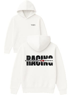 Vsrn Racıng Tasarım Baskılı Oversize Beyaz Kapüşonlu Sweatshirt