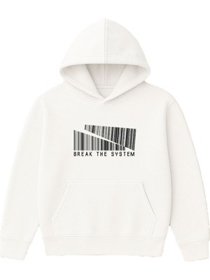 Vsrn Break The System Tasarım Baskılı Oversize Beyaz Kapüşonlu Sweatshirt