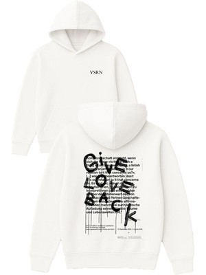 Vsrn Love Back Tasarım Baskılı Oversize Beyaz Kapüşonlu Sweatshirt
