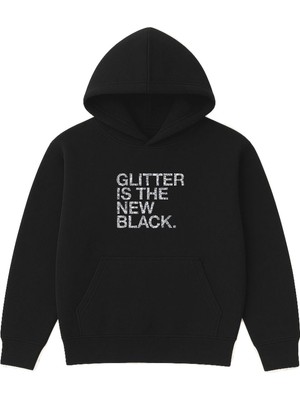 Vsrn Glıtter Is The Tasarım Baskılı Oversize Siyah Kapüşonlu Sweatshirt