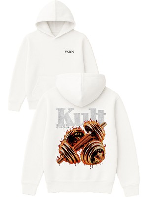 Vsrn Kult Gym Tasarım Baskılı Oversize Beyaz Kapüşonlu Sweatshirt