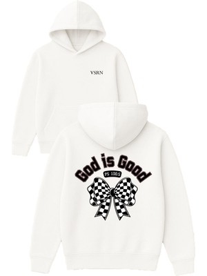 Vsrn God Is Good Tasarım Baskılı Oversize Beyaz Kapüşonlu Sweatshirt