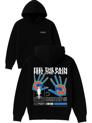 Vsrn Feel The Paın Tasarım Baskılı Oversize Siyah Kapüşonlu Sweatshirt