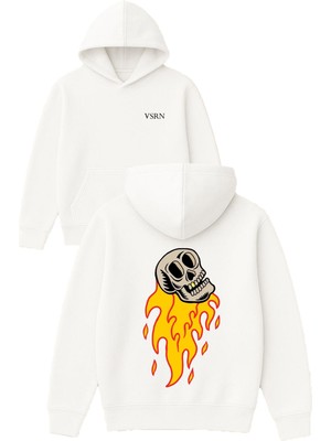 Vsrn Altın Dişli Iskelet Tasarım Baskılı Oversize Beyaz Kapüşonlu Sweatshirt
