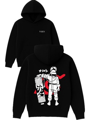 Vsrn Kum Torbası Anime Tasarım Baskılı Oversize Siyah Kapüşonlu Sweatshirt