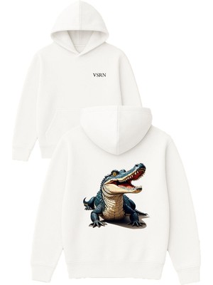 Vsrn Kızgın Timsah Tasarım Baskılı Oversize Beyaz Kapüşonlu Sweatshirt