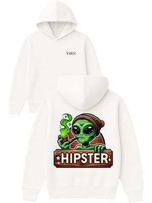 Vsrn Yeşil Uzaylı Hıps Tasarım Baskılı Oversize Beyaz Kapüşonlu Sweatshirt