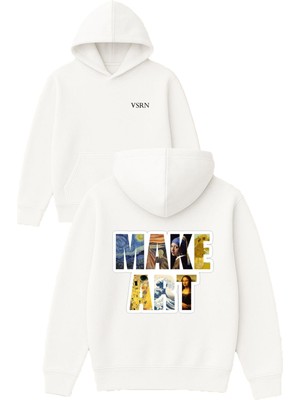 Vsrn Make Art Tasarım Baskılı Oversize Beyaz Kapüşonlu Sweatshirt