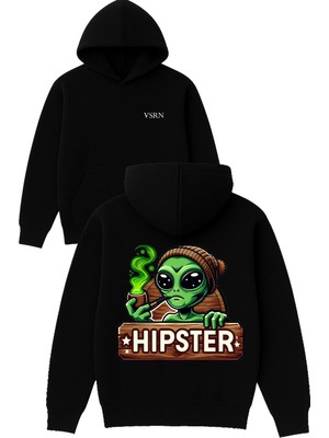 Vsrn Yeşil Uzaylı Hıps Tasarım Baskılı Oversize Siyah Kapüşonlu Sweatshirt