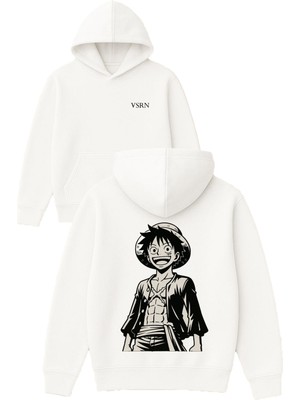 Vsrn Kaslı Anime Tasarım Baskılı Oversize Beyaz Kapüşonlu Sweatshirt