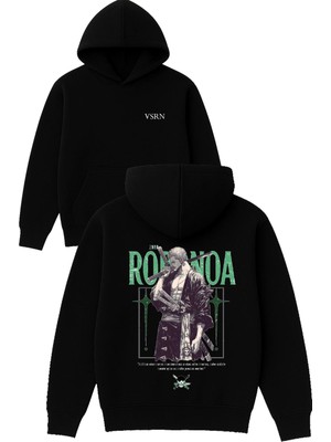 Vsrn Rodova Anime Tasarım Baskılı Oversize Siyah Kapüşonlu Sweatshirt