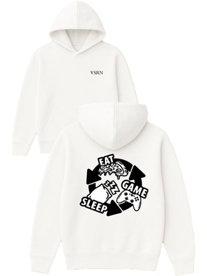 Vsrn Game Sleep Tasarım Baskılı Oversize Beyaz Kapüşonlu Sweatshirt