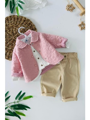 Miniğimin Cicileri Kapitone Ceketli Gömlek ve Pantolon 3 Lü Kız Takımı - Pudra