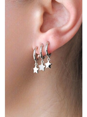 Nenya Vıp Çelik Üçlü Görünümlü Zirkon Taş Detaylı Yıldız Küpe