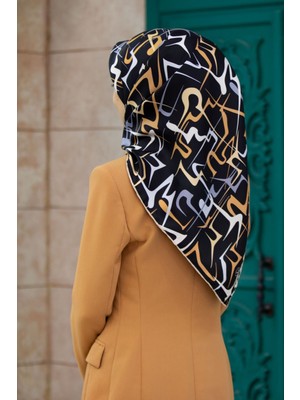 Vissona % 57 Ipek % 43 Viskon Twill Ipek Soyut Geometrik Desenli Gold - Gri Renkli 90X90 Eşarp Dikim Şekli :