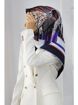 Vissona %100 Twill Ipek Geometrik Desenli Lacivert - Kırmızı Renkli 90X90 Eşarp Dikim Şekli : El Dikişi