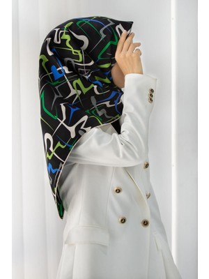 Vissona % 57 Ipek % 43 Viskon Twill Ipek Soyut Geometrik Desenli Saks - Zümrüt Yeşili Renkli 90X90 Eşarp Dik