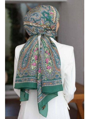 Vissona %100 Ipek Etro Desenli Petrol Yeşili Renkli 92X210 Şal