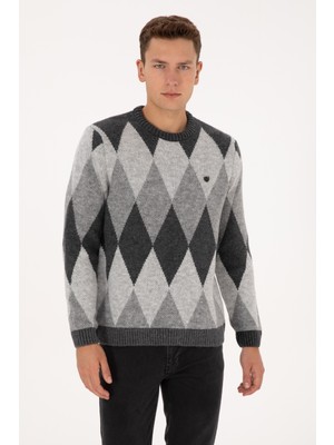 U.S. Polo Assn. Erkek Comfort Fit Bisiklet Yaka Baklava Desenli Antrasit Kazak 50314947-VR006