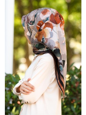 Vissona % 57 Ipek % 43 Viskon Twill Ipek Sulu Boyalı Çiçek Desenli Vizon - Turuncu Renkli 90X90 Eşarp Dikim