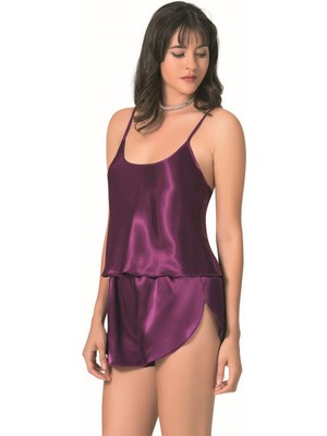 Marsilyan Mor Saten Babydoll Şort Takımı