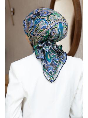 Vissona 100% Twill Ipek Etnik Desenli Saks - Zümrüt Yeşili Renkli 90X90 Dikim Şekli : El Dikişi Eşarp