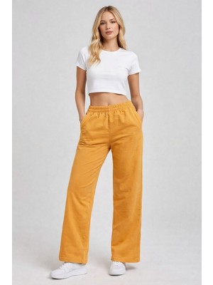 Mamayaga Kadın Orta Yüksek Bel Boru Paça Pamuklu Cepli Lastikli Spor Şık Eşofman Altı