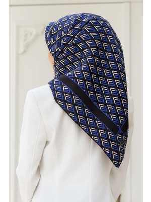 Vissona % 57 Ipek % 43 Viskon Twill Ipek Geometrik Desenli Siyah - Saks Renkli 90X90 Eşarp Dikim Şekli : El