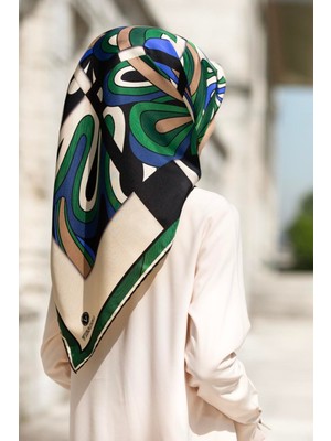 Vissona % 57 Ipek % 43 Viskon Twill Ipek Geometrik Desenli Saks - Zümrüt Yeşili Renkli 90X90 Dikim Şekli : E