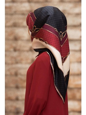 Vissona % 57 Ipek % 43 Viskon Twill Ipek Puantiyeli ve Geometrik Desenli Siyah - Bordo Renkli 90X90 Eşarp Di