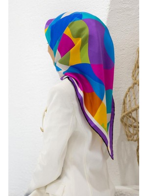 Vissona %100 Twill Ipek Geometrik Desenli Mor - Saks Renkli 90X90 Eşarp Dikim Şekli : El Dikişi
