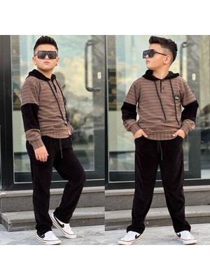 Burçak Butik Erkek Çocuk Kapüşonlü Sweatshirt - Kadife Pantolon Full Likra Kışlık Alt Üst 2'li Takım - Bayramlık