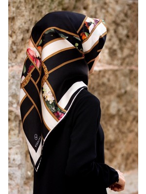 Vissona Tivil Ipek Eşarp 10638 - 1 - 0001 - 0003 Siyah Krem Karışık Desen