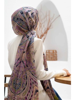 Vissona 100% Ipek Etro Desenli Fıstık Yeşili - Mor Renkli 92X210 Şal
