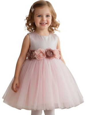 Chaton D'or Kız Çocuk Abiye Simli Çiçekli Kemerli Pudra Renk