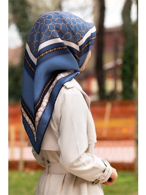 Vissona %100 Twill Ipek Gold Halka Desenli Indigo - Siyah Renkli 90X90 Eşarp Dikim Şekli : El Dikişi
