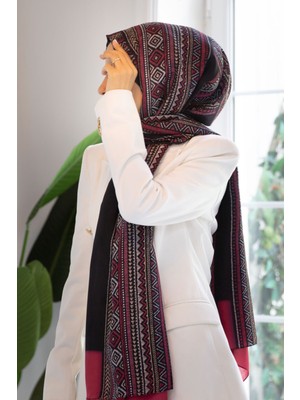 Vissona %100 Ipek Etnik Desenli Siyah - Bordo Renkli Şal