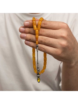 Costurera Gümüş 1000 Ayar Kazaz Püsküllü Sıkma Kehribar Tesbih