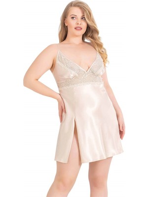 Arias Closet Büyük Beden Fildişi Kısa Saten Gecelik