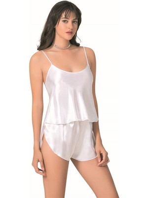 Beyaz Saten Babydoll Şort Takımı