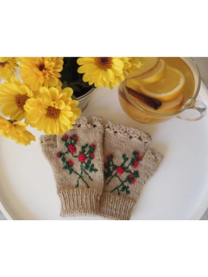 Parmaksız Çiçek Işlemeli Kadın Eldiven, El Örgüsü Eldiven , Tığ Işi Eldive