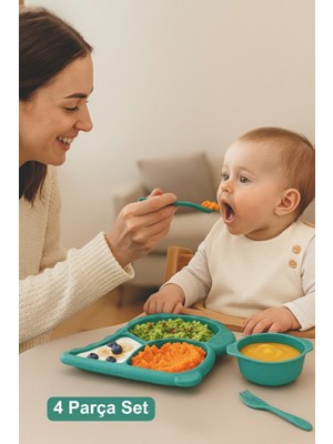 Dino Mama Seti - Tabak Çerezlik ve Çatal Kaşık - Bebek Yemek Kabı - Dinozor Çocuk Tabak Seti