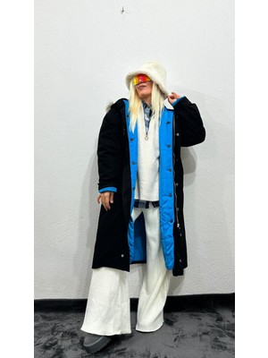 Nunu365com Nunu By Noir Tüylü Kapüşonlu Oversize Gabardin Mont