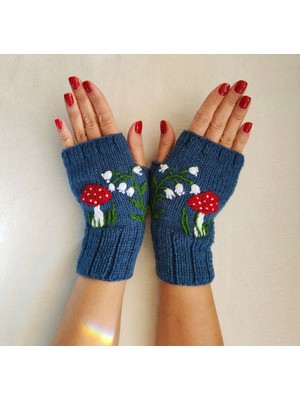 Mantar Işlemeli Parmaksız Kadın Eldiven, El Örgüsü Eldiven , Tığ Işi Eldiven