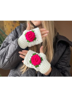 Parmaksız Gül Detaylı Eldiven, El Örgüsü Eldiven , Tığ Işi Eldiven