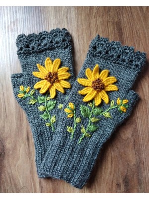 Parmaksız Ay Çiçeği  Işlemeli Eldiven, El Örgüsü Eldiven , Tığ Işi Eldive